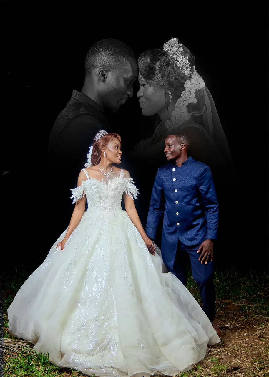 Black and white portrait of a bride and groom on their wedding night